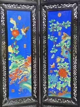 ローズウッド磁器板絵屏風6連