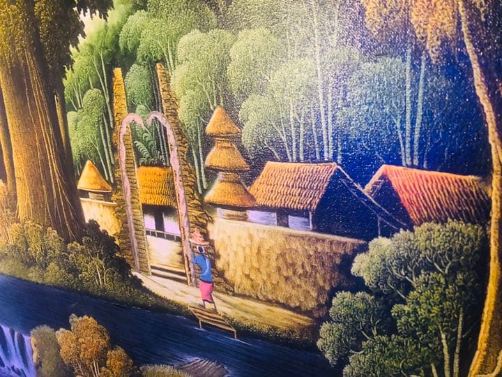 バリ絵画 特大 99.5cm × 150cm 村 人 森 暮らし people