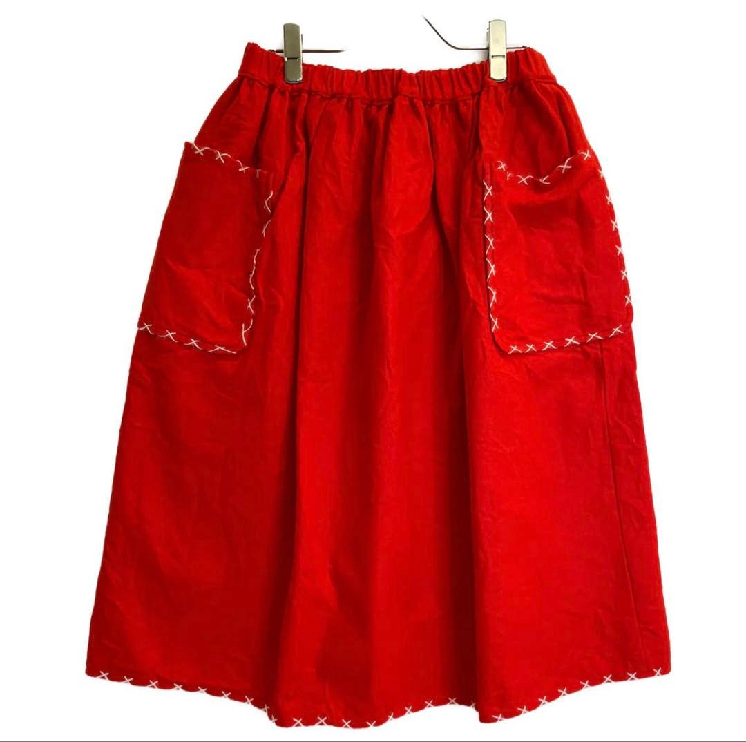 コムデギャルソンガール　ポリエステルスカート　赤　ステッチ刺繍