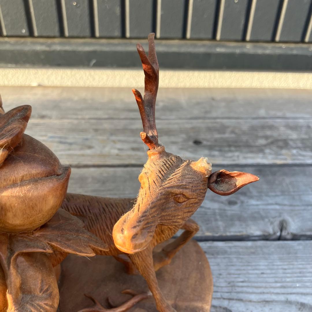 昭和レトロ 天然木 一刀彫 極上彫 七福神 寿老人 鹿 大型 置物 オブジェ