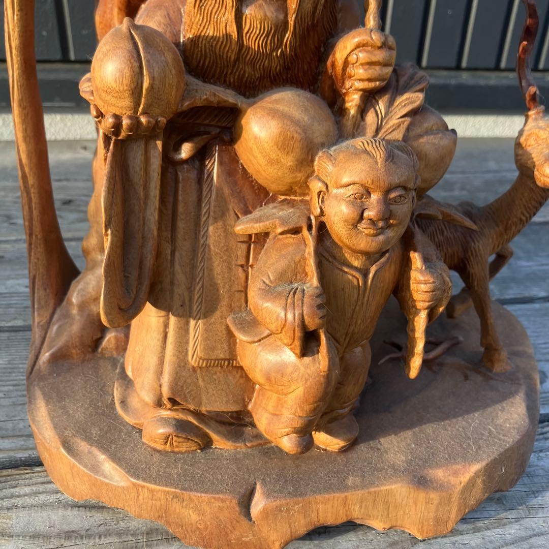 昭和レトロ 天然木 一刀彫 極上彫 七福神 寿老人 鹿 大型 置物 オブジェ