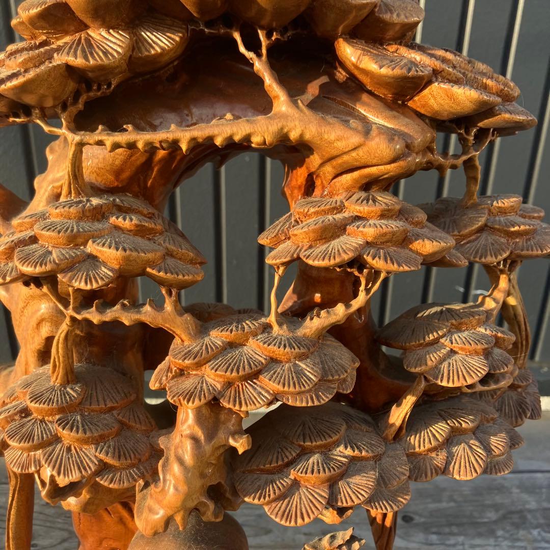 昭和レトロ 天然木 一刀彫 極上彫 七福神 寿老人 鹿 大型 置物 オブジェ