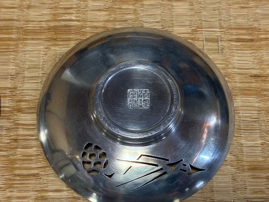 錫製 精課堂造 透かし 圓式茶托 五客 共箱