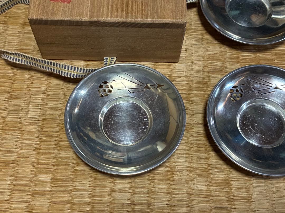 錫製 精課堂造 透かし 圓式茶托 五客 共箱