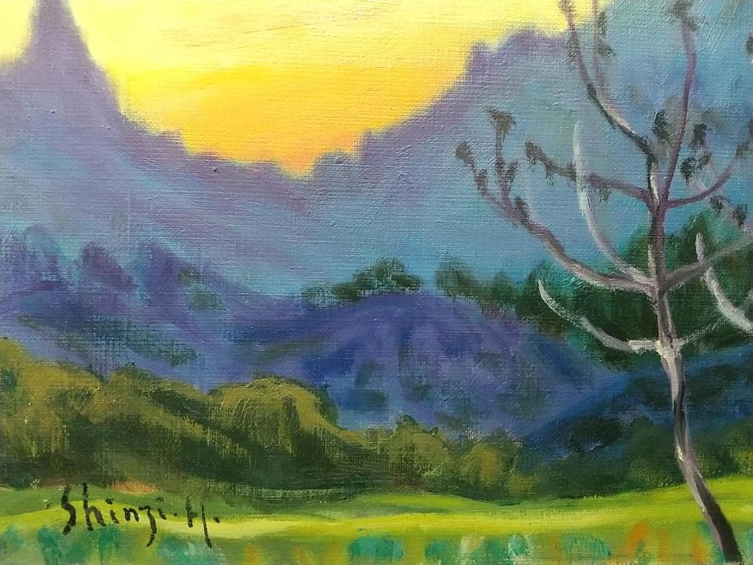 F4「里の夕ぐれ」油絵 絵画 油彩画 風景画 アート 妙義山