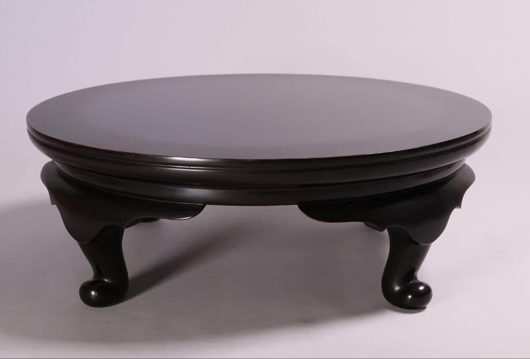 木製 漆塗 古い黒塗丸卓 39.5cm 花台 香炉台 丸形 猫足【MA612】