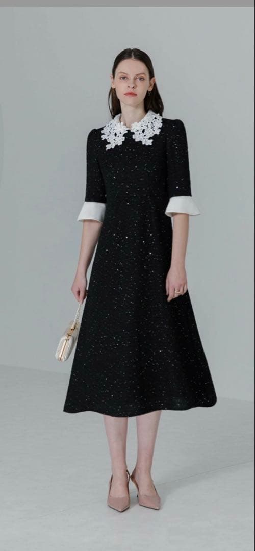 【LEJA】ドレス 花柄レースカラースパンコールAラインワンピースドレス