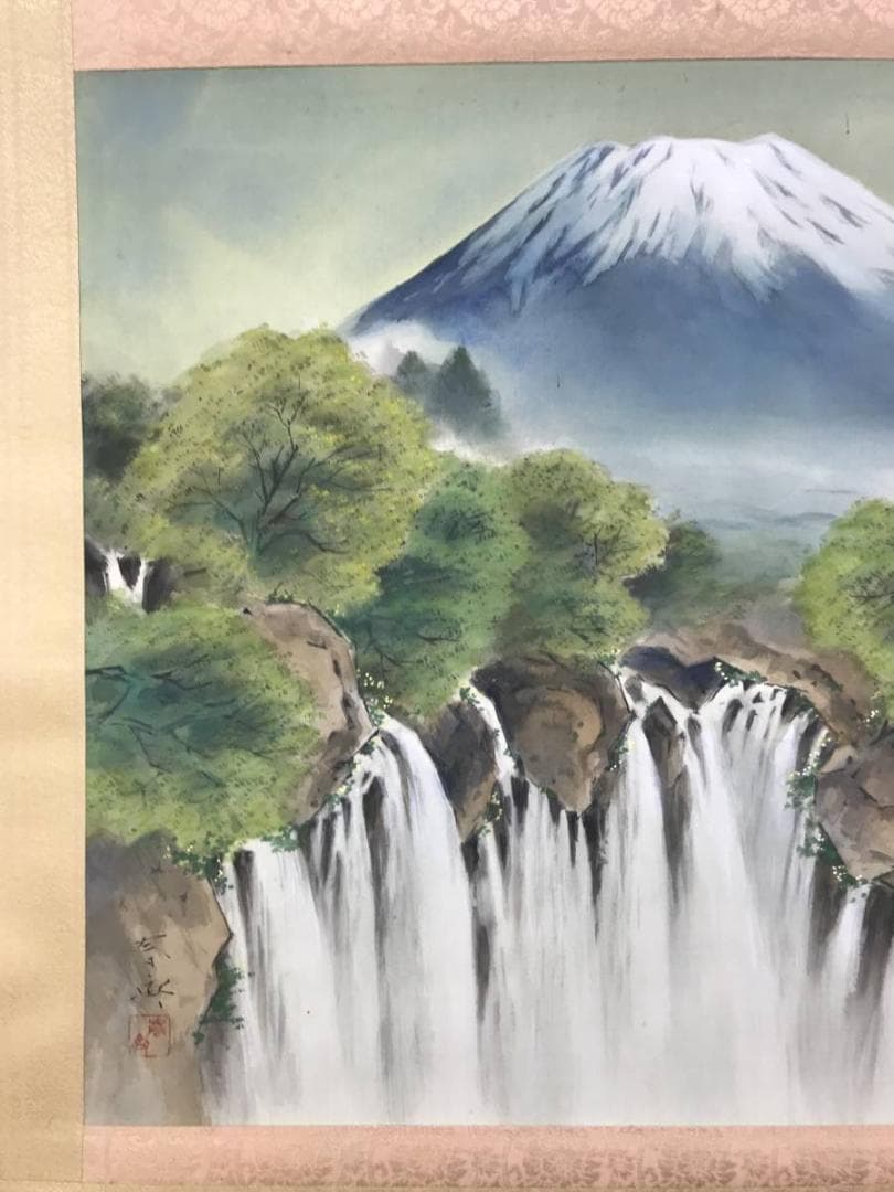 真作/堀江春斎/富士に白糸滝図/富士山図/滝/富岳図/掛軸/名家伝来AE-388