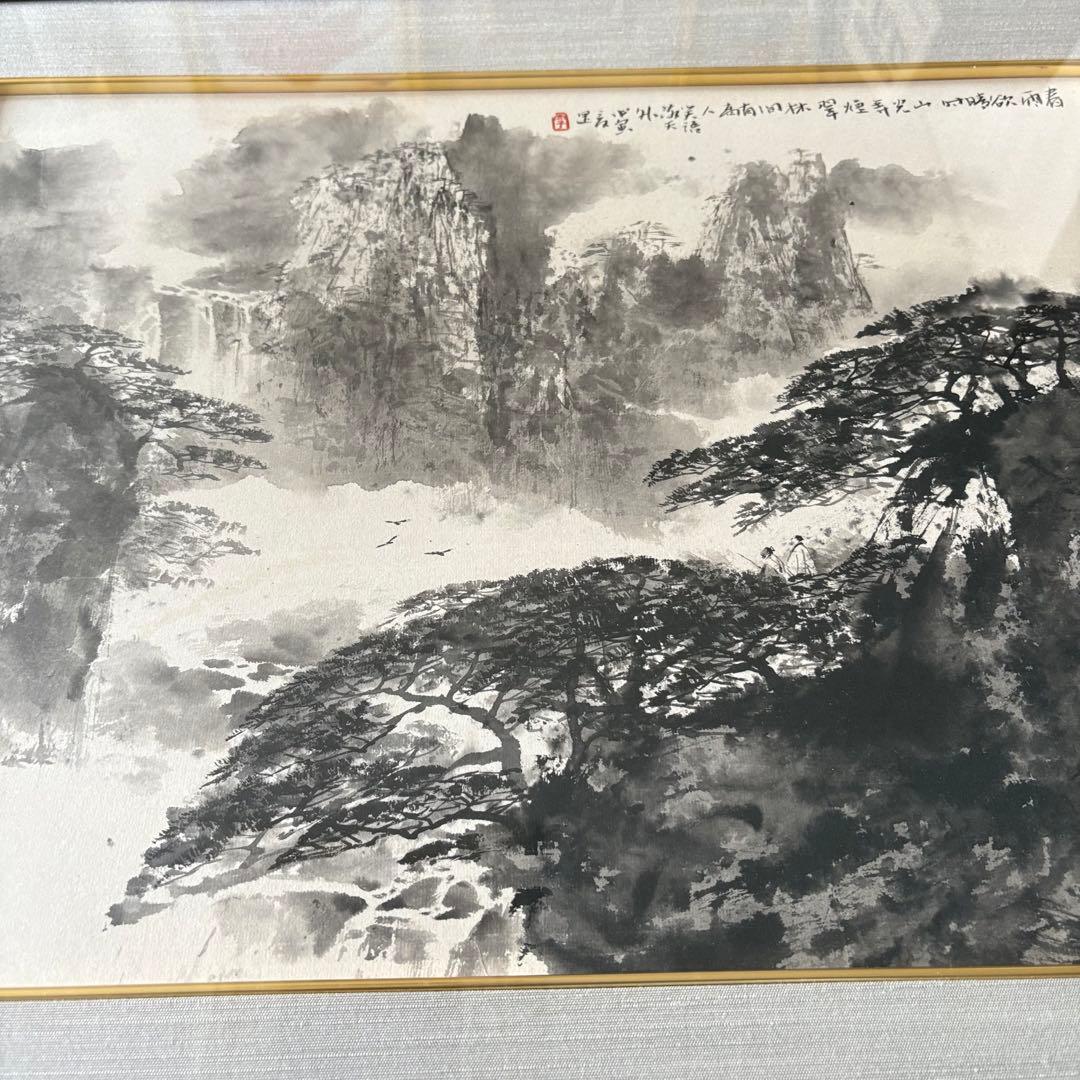 中国 張建剛  額装 水墨画 山水 Ｆ