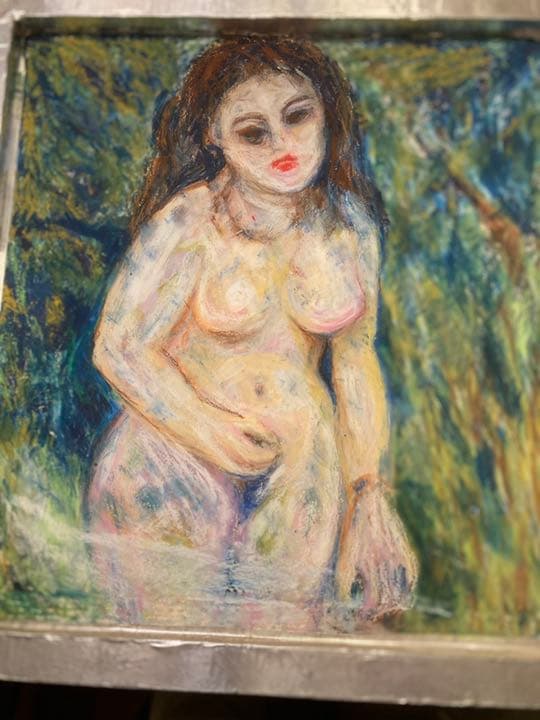 クロード　モネの木漏れ日の裸婦の模写、パステル額入り、油絵、F６号