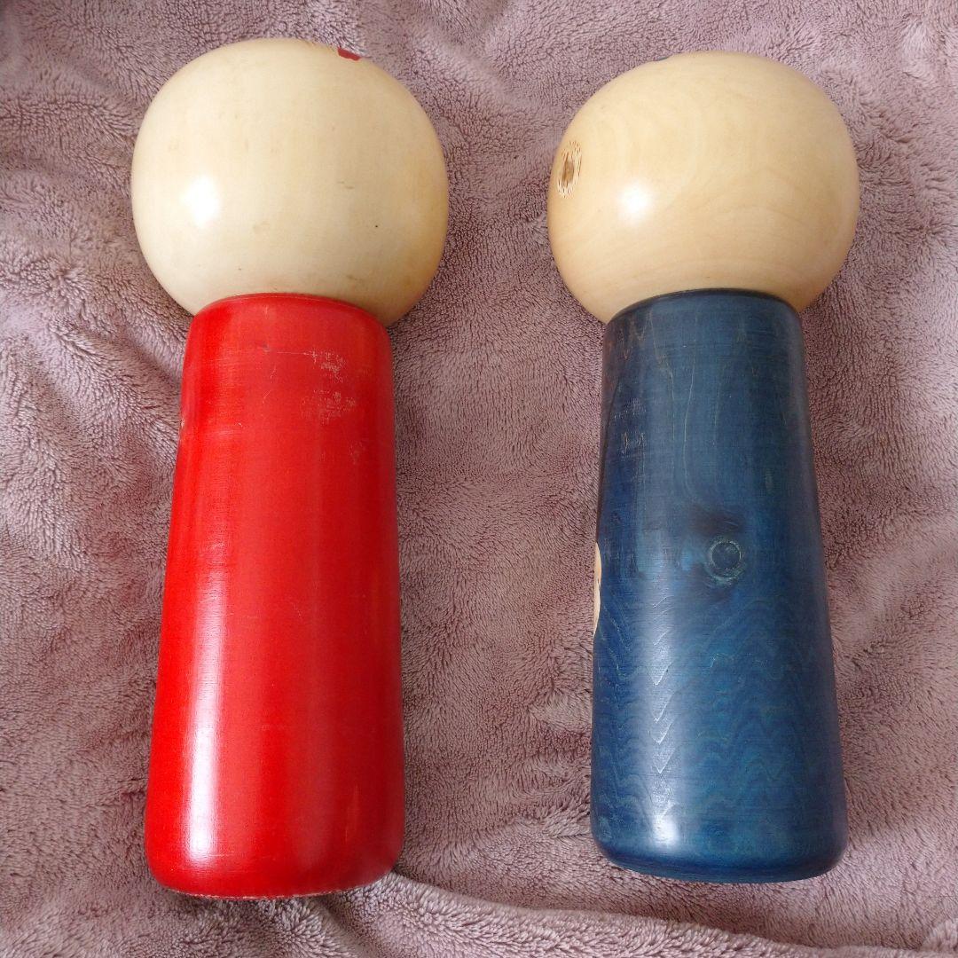 白峯 作 創作こけし 大きいサイズ レトロ 梅童 青 赤 ペア2体セット