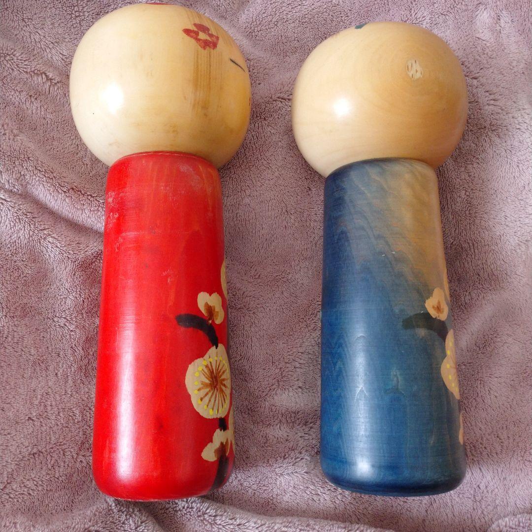 白峯 作 創作こけし 大きいサイズ レトロ 梅童 青 赤 ペア2体セット
