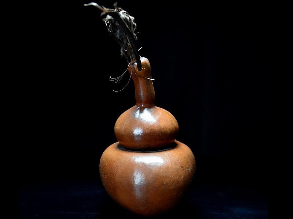 【匏】　★ 匏器 文玩葫芦 ★　清朝期　長頸 茎付 経年色艶　文房珍玩