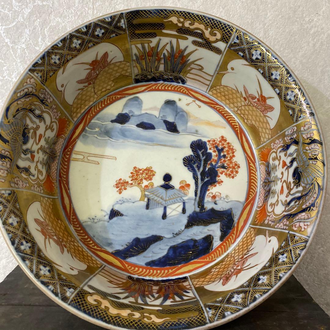 古伊万里　献上手深皿　金蘭手山水窓絵鉢