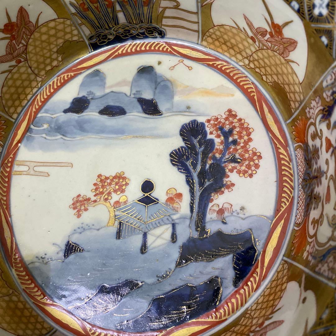 古伊万里　献上手深皿　金蘭手山水窓絵鉢
