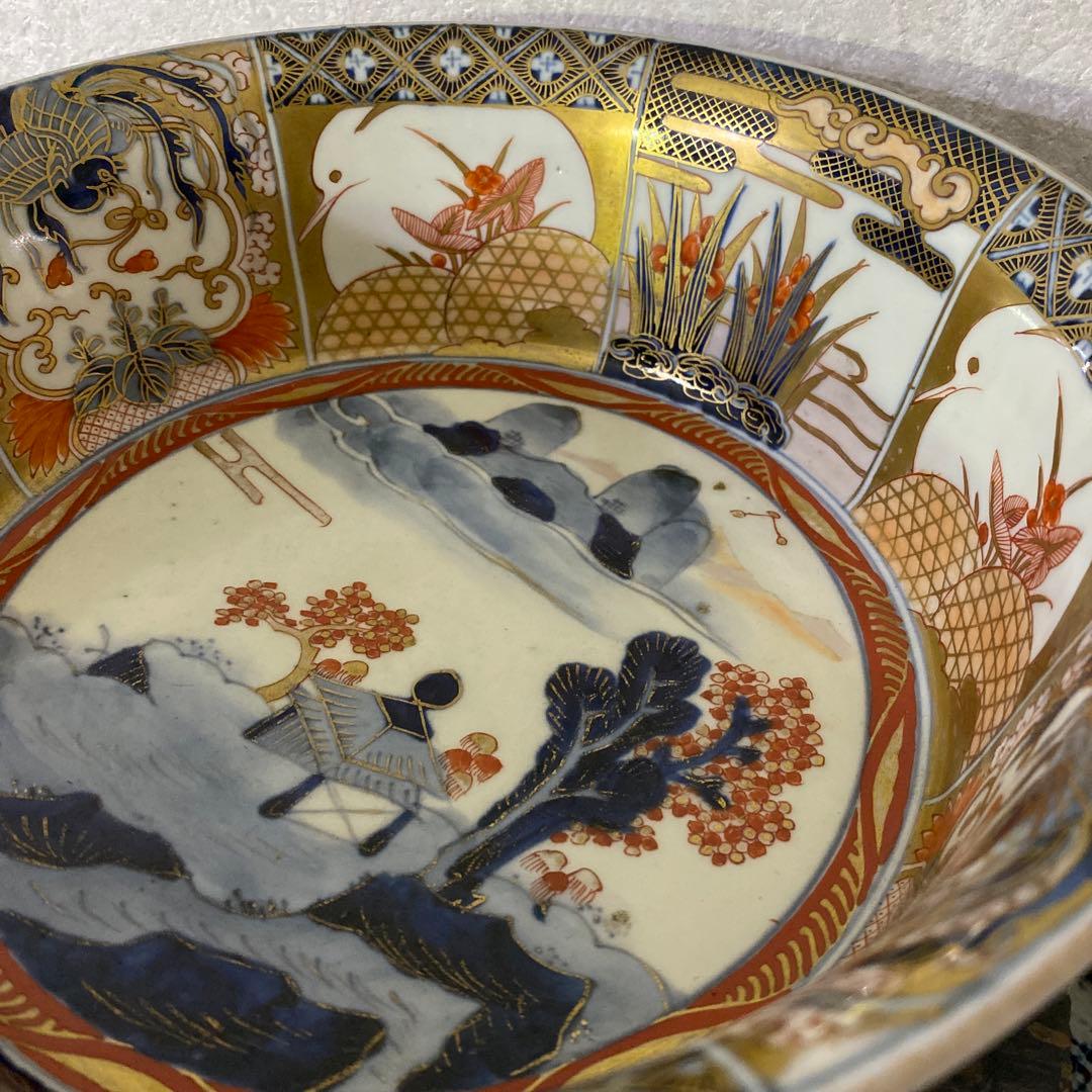 古伊万里　献上手深皿　金蘭手山水窓絵鉢