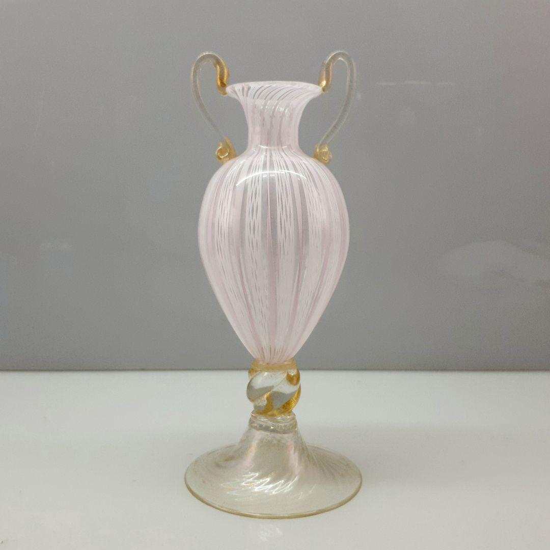 MURANO GLASS ムラノ 金彩 双耳 ホワイト レース ピンク 花器
