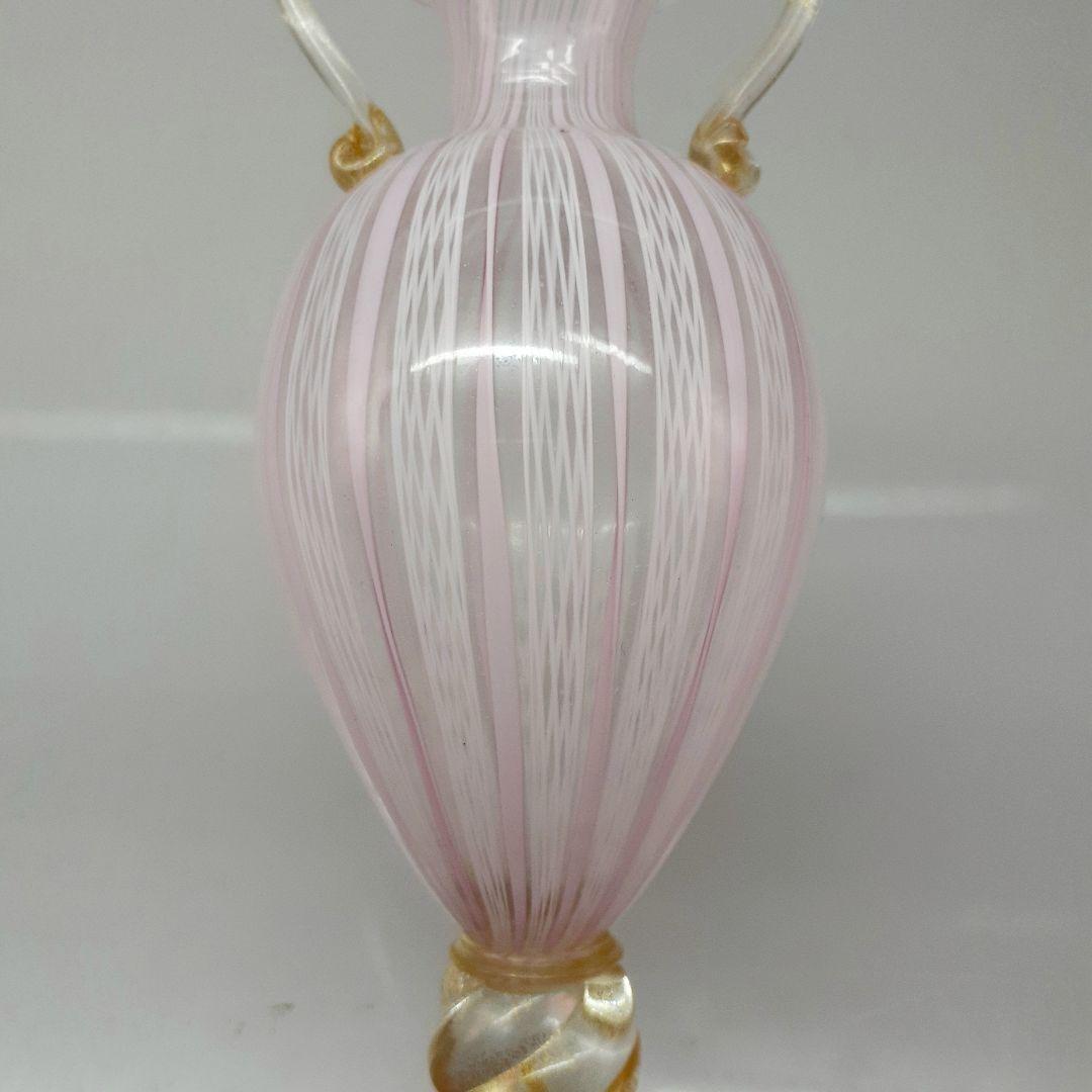 MURANO GLASS ムラノ 金彩 双耳 ホワイト レース ピンク 花器