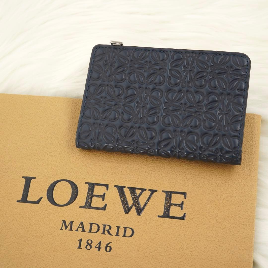 極美品　LOEWE ロエベ　折り財布　レザー　リピートアナグラム　ネイビー　新型