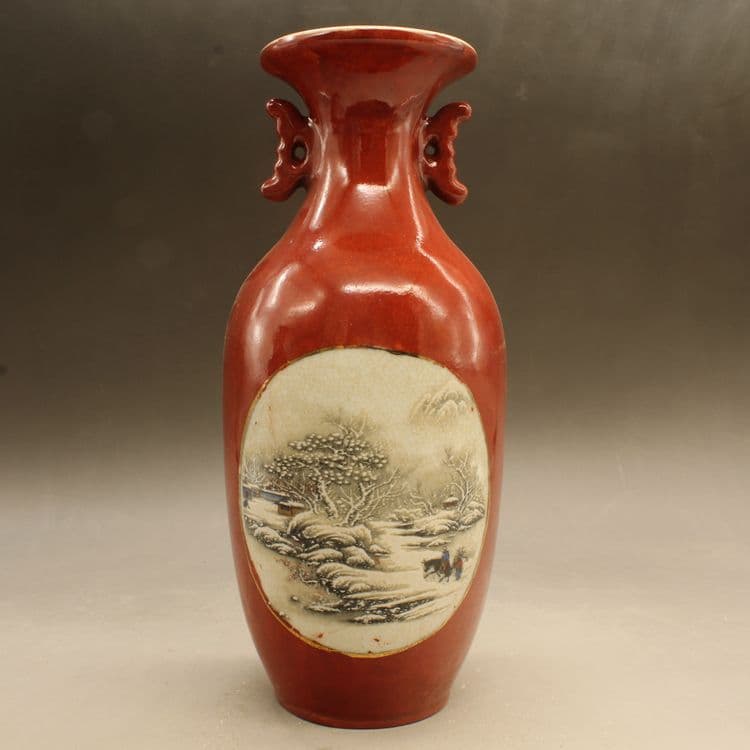 紅釉花鳥雪景瓶 景徳鎮 陶磁器 装飾品 工芸品 美術品 置物
