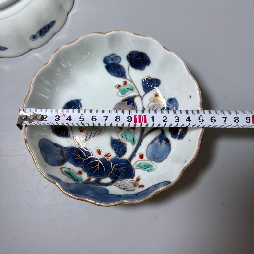 古伊万里　染錦　茄子文様菊花形皿　五客　名品　成化年製　蒐集家放出品　裏文様有