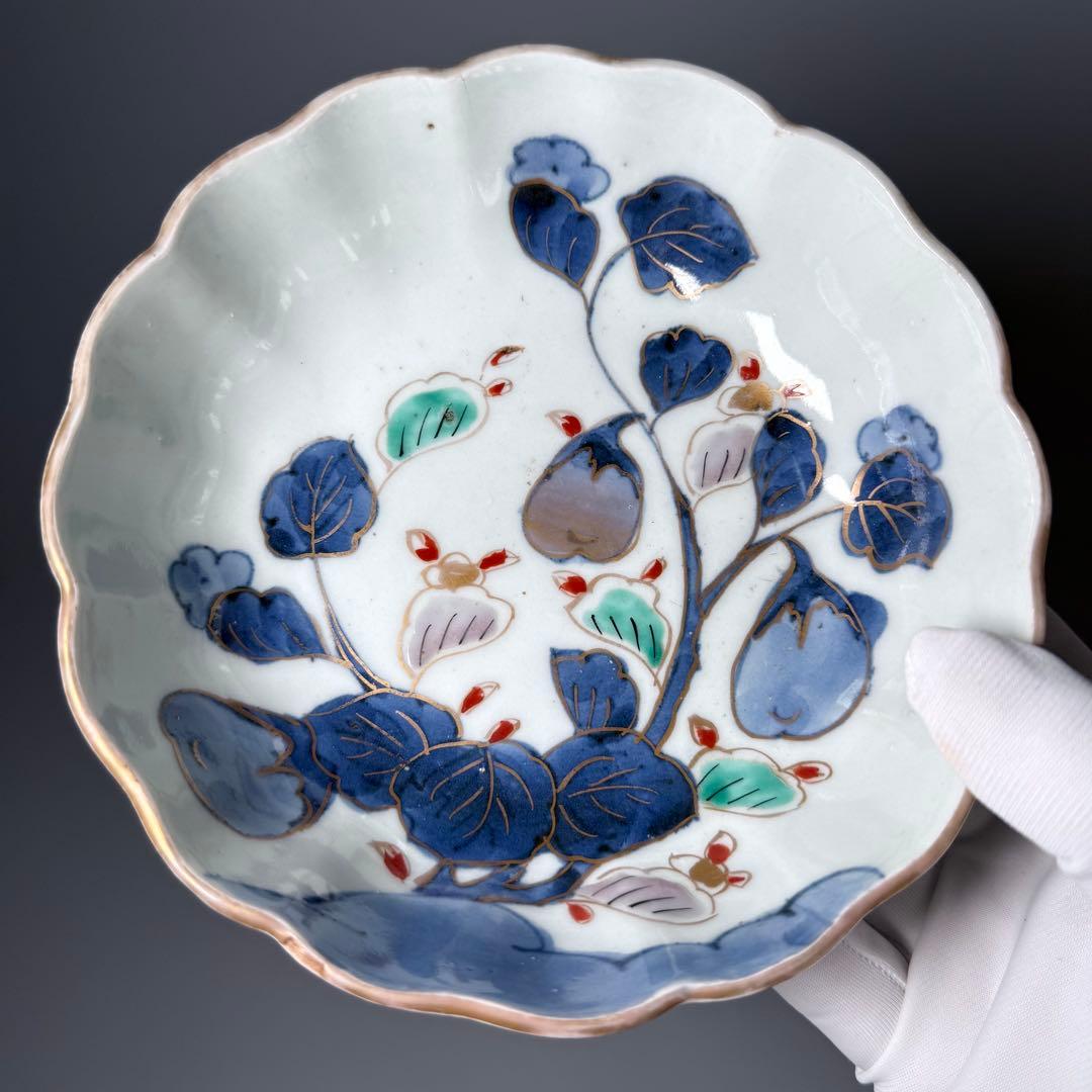古伊万里　染錦　茄子文様菊花形皿　五客　名品　成化年製　蒐集家放出品　裏文様有