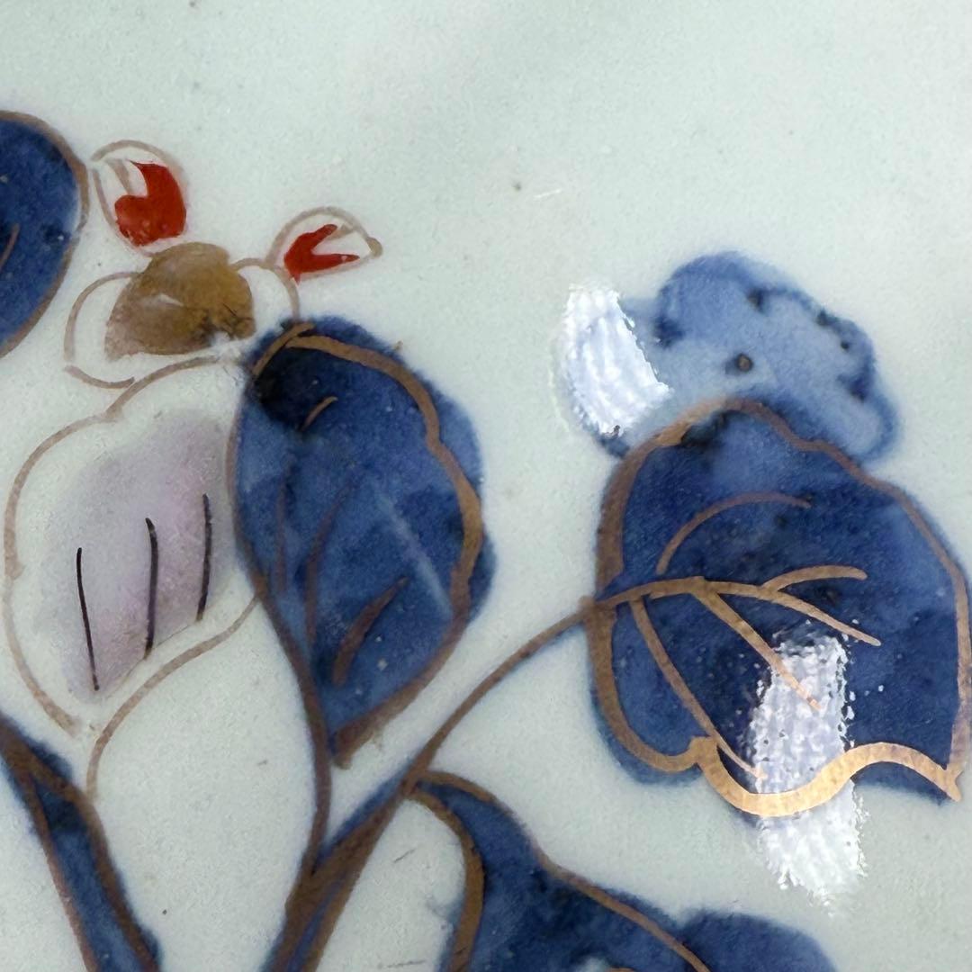 古伊万里　染錦　茄子文様菊花形皿　五客　名品　成化年製　蒐集家放出品　裏文様有