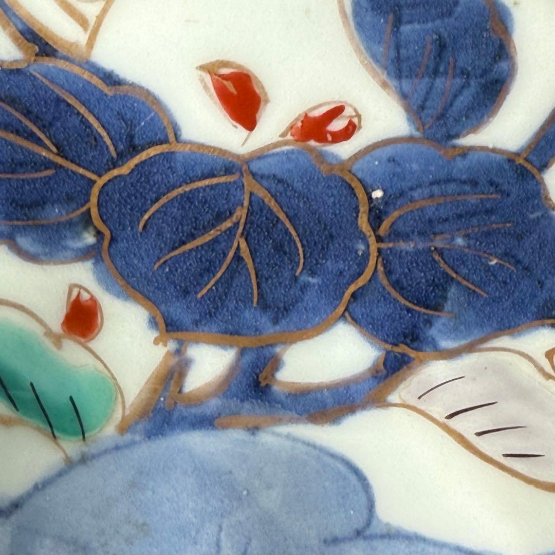 古伊万里　染錦　茄子文様菊花形皿　五客　名品　成化年製　蒐集家放出品　裏文様有