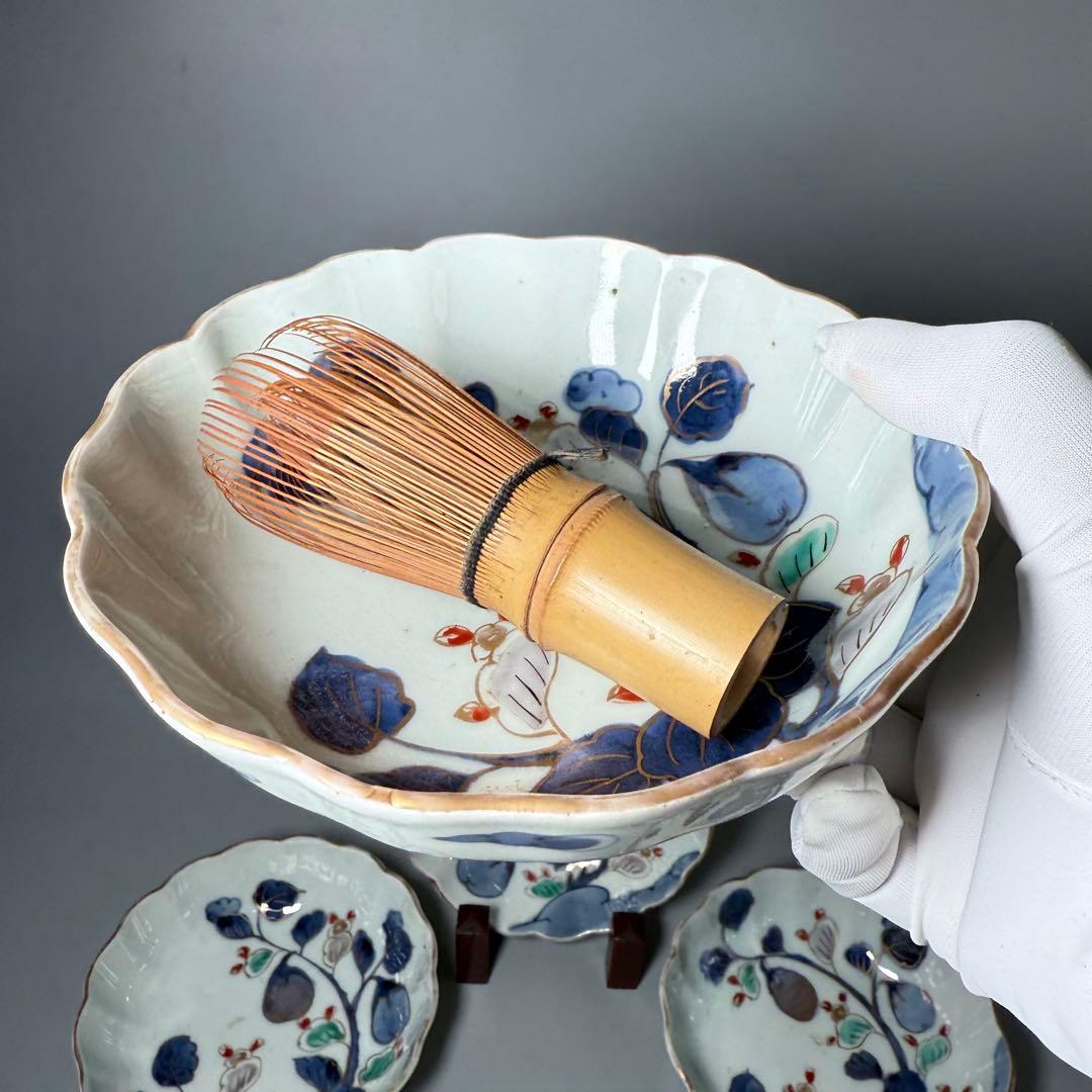 古伊万里　染錦　茄子文様菊花形皿　五客　名品　成化年製　蒐集家放出品　裏文様有