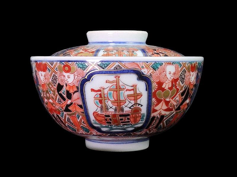 大聖寺伊万里　金襴手　五艘船に南蛮人の図　蓋茶碗　D898AS-CYo