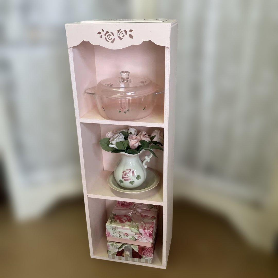 マニーローズタイルのピンクの木製 3段薄型ボックスシェルフW27.5 H80cm