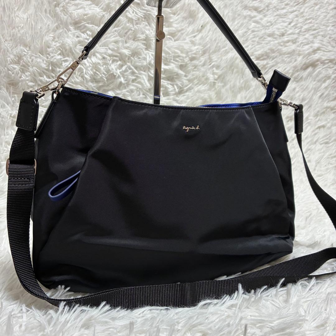 アニエスベー　2wayバッグ　ナイロン　レザー　ゴールドロゴ　ブラック×ブルー