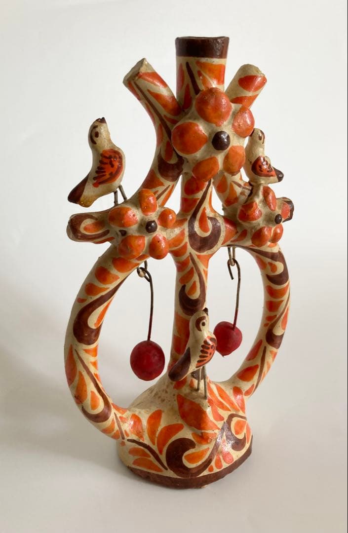 メキシコ民藝 生命の樹 ツリーオブライフ 燭台 オレンジ