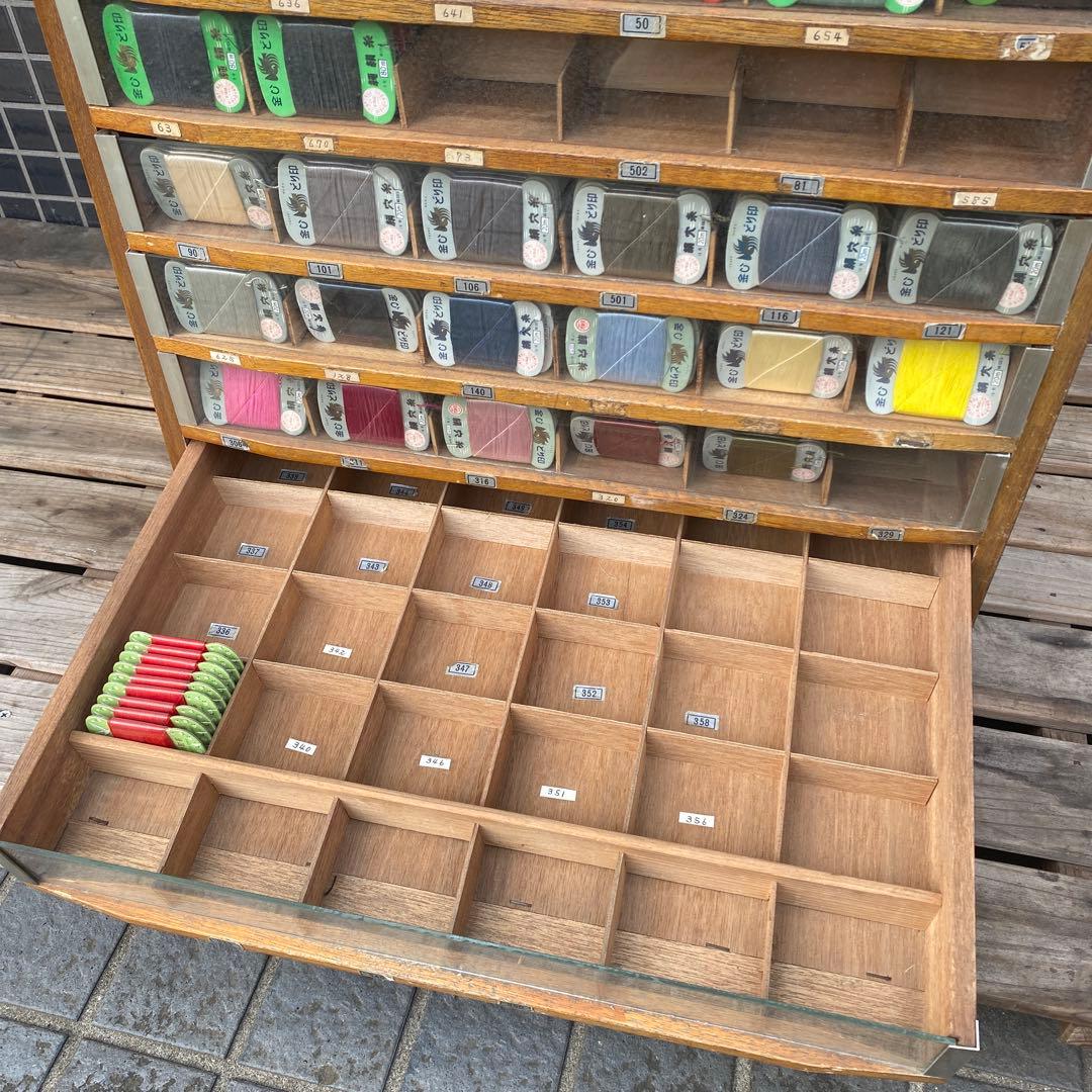 昭和レトロ 金しどり印絹糸 店舗什器 ショーケース 木製 古家具 糸大量