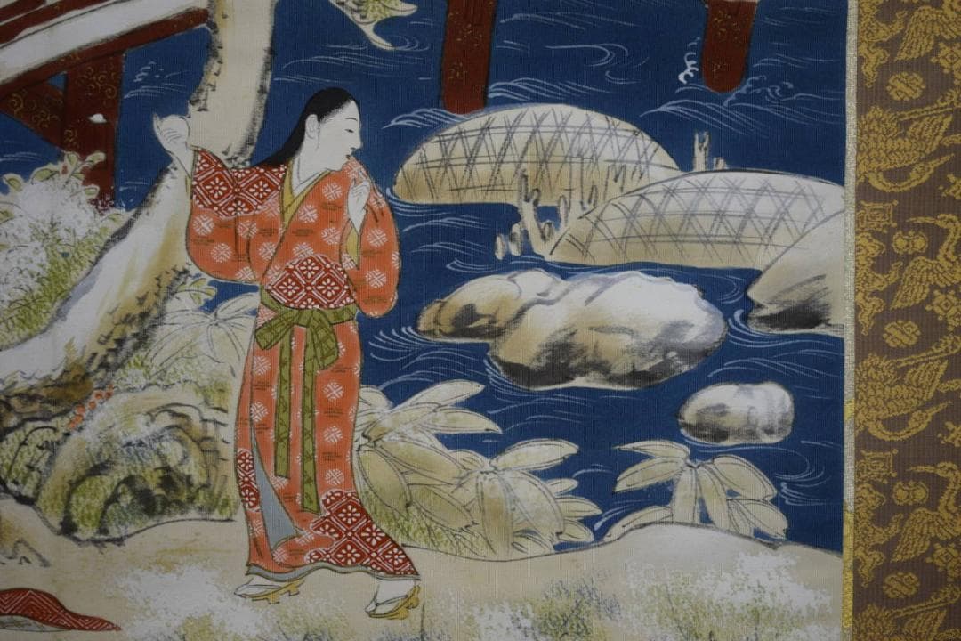 真作/岡島良山/山水人物図/桐箱二重箱付/布袋屋掛軸HE-871