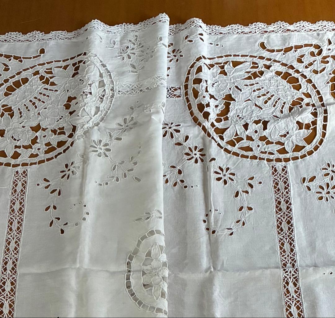 フランスアンティーク*手刺繍*花かご刺繍*テーブルクロス*カバー*ボビンレース
