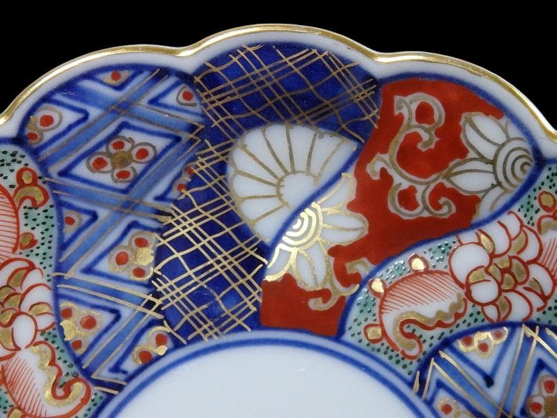 大聖寺伊万里　金襴手 寿紋に捻り輪花菊皿　4寸皿　5客　D820AS-CUy