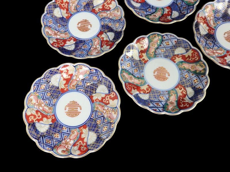 大聖寺伊万里　金襴手 寿紋に捻り輪花菊皿　4寸皿　5客　D820AS-CUy