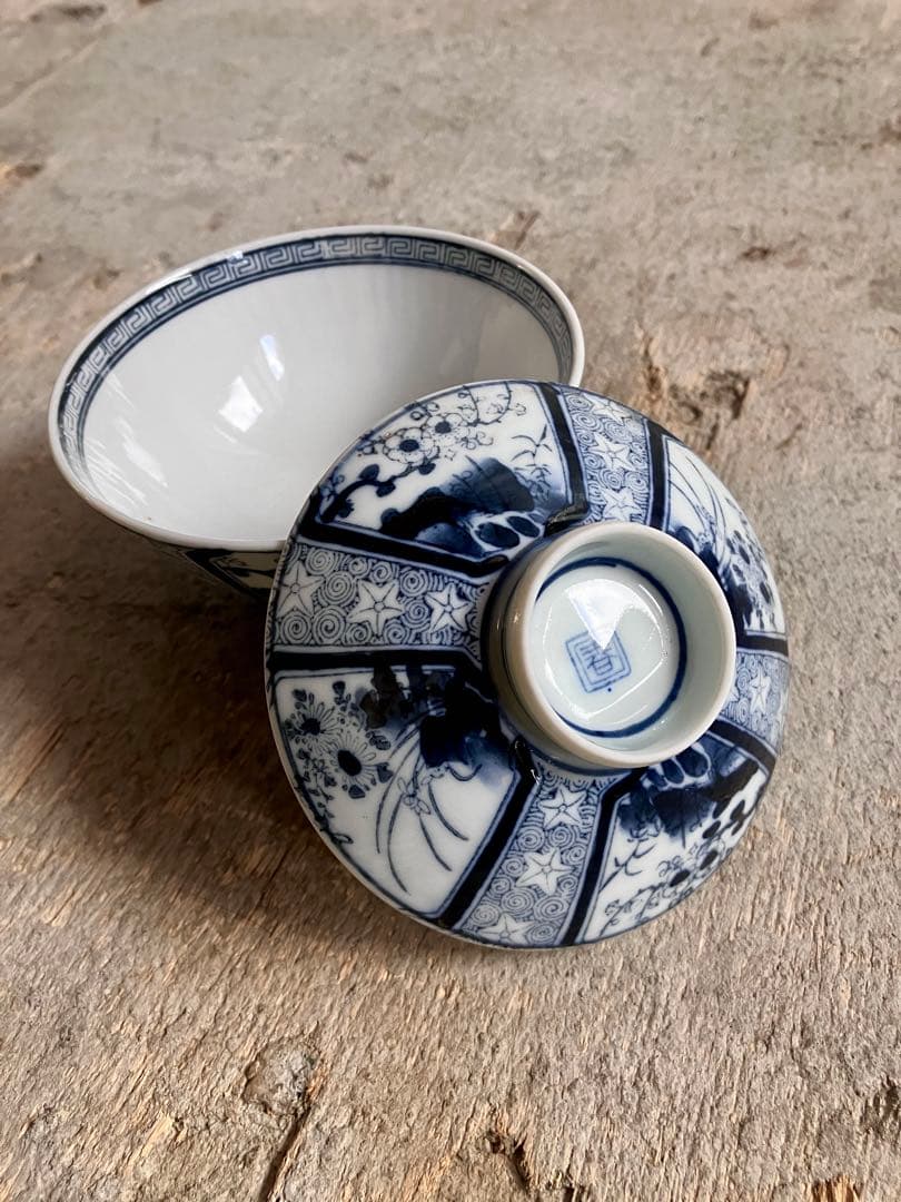 週末お値下げ✅古伊万里✅蓋付き椀18客/染付山水画/骨董/磁器