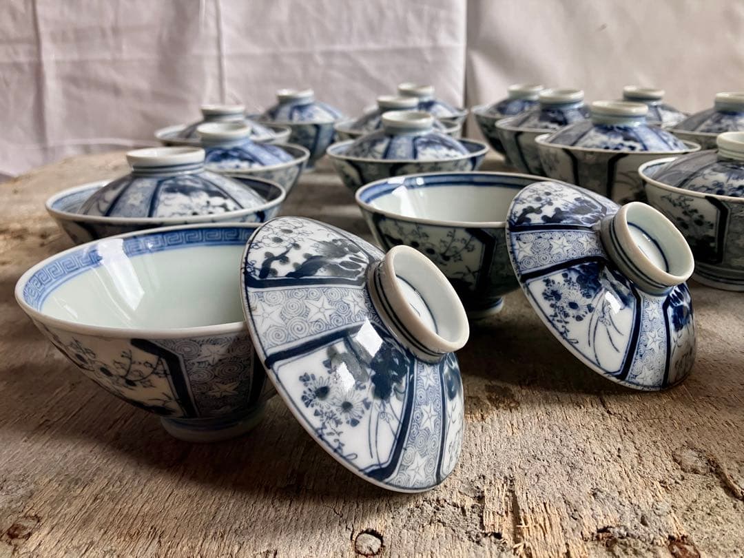 週末お値下げ✅古伊万里✅蓋付き椀18客/染付山水画/骨董/磁器