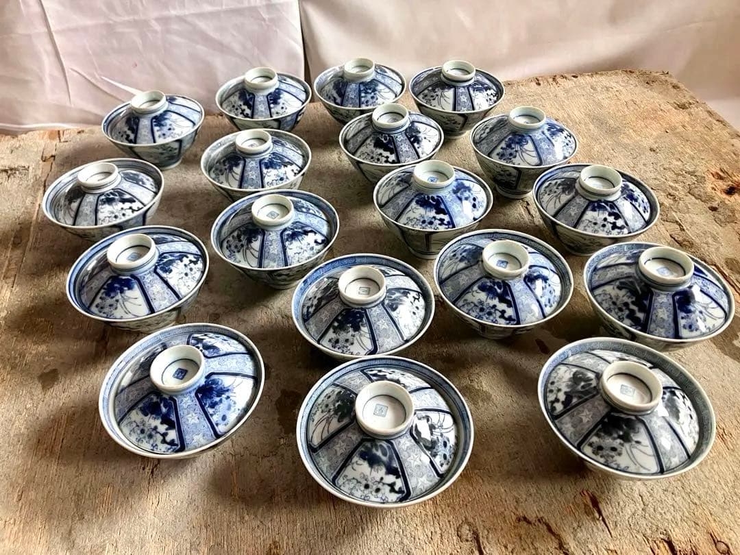 週末お値下げ✅古伊万里✅蓋付き椀18客/染付山水画/骨董/磁器