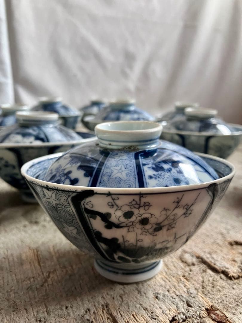 週末お値下げ✅古伊万里✅蓋付き椀18客/染付山水画/骨董/磁器