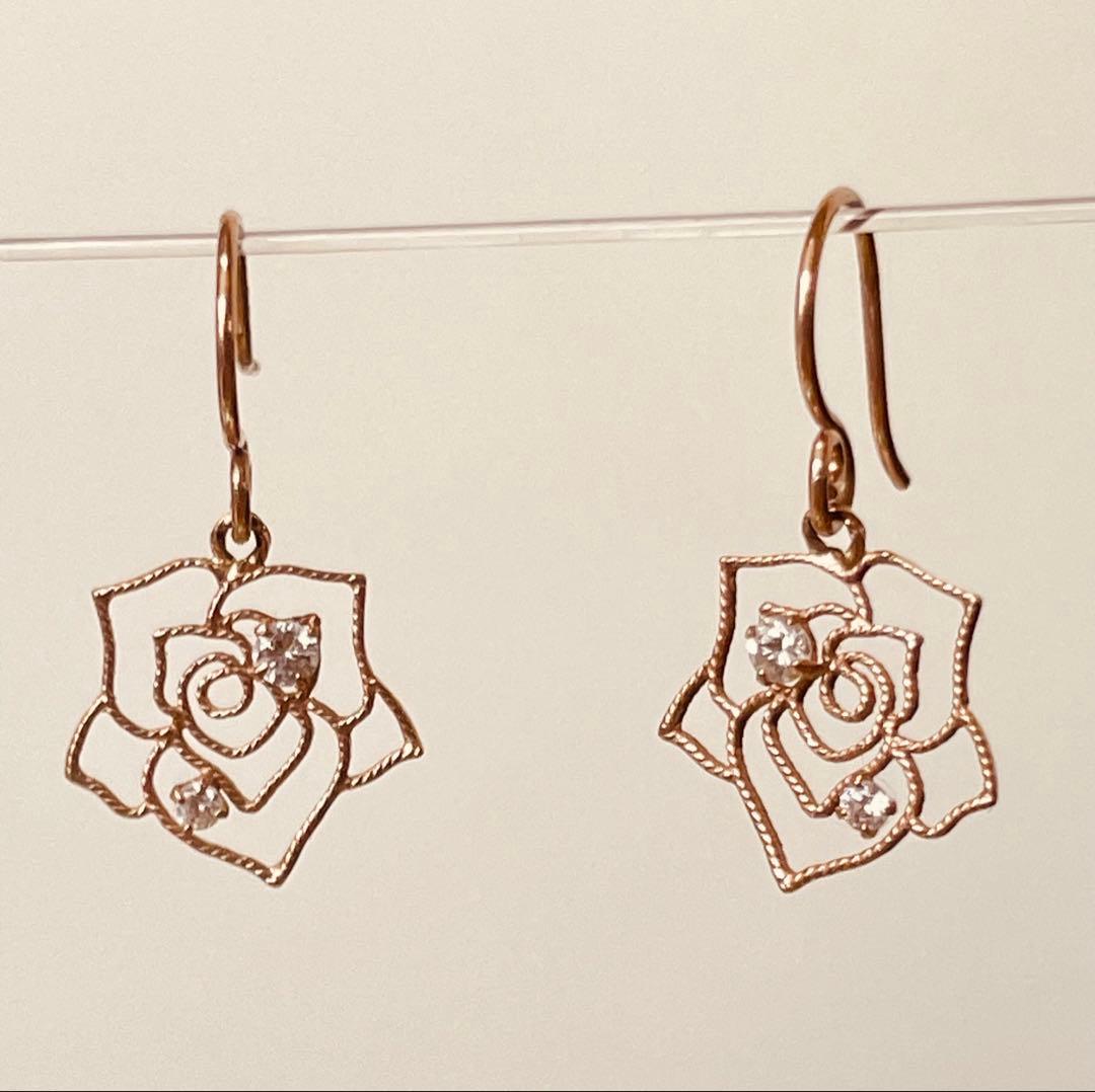 K18 バラデザイン ピアス(両耳用) ダイヤモンド付き　0480004E