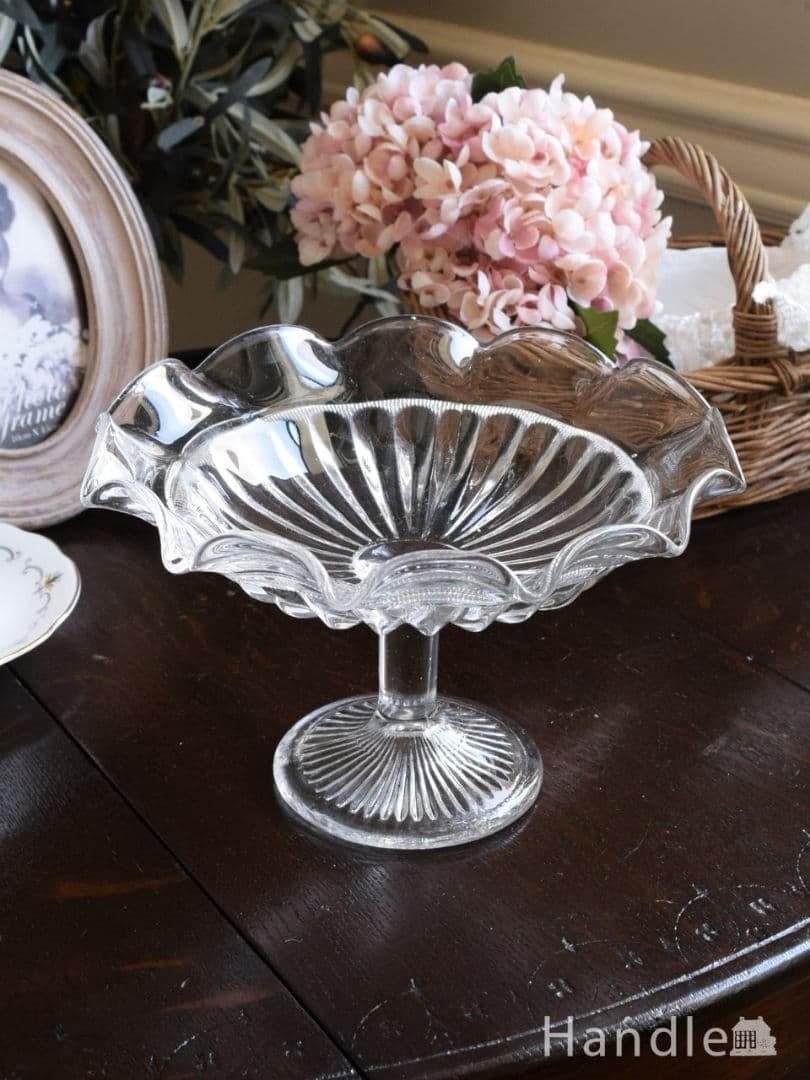 アンティーク美品　1940〜1950年代　イギリス　ガラス製　コンポート