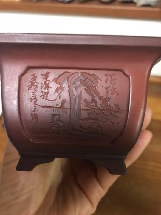 盆栽鉢　時代抜群美品　美芸　正方釘彫ミニ盆栽鉢山野草9.5x6.5cm