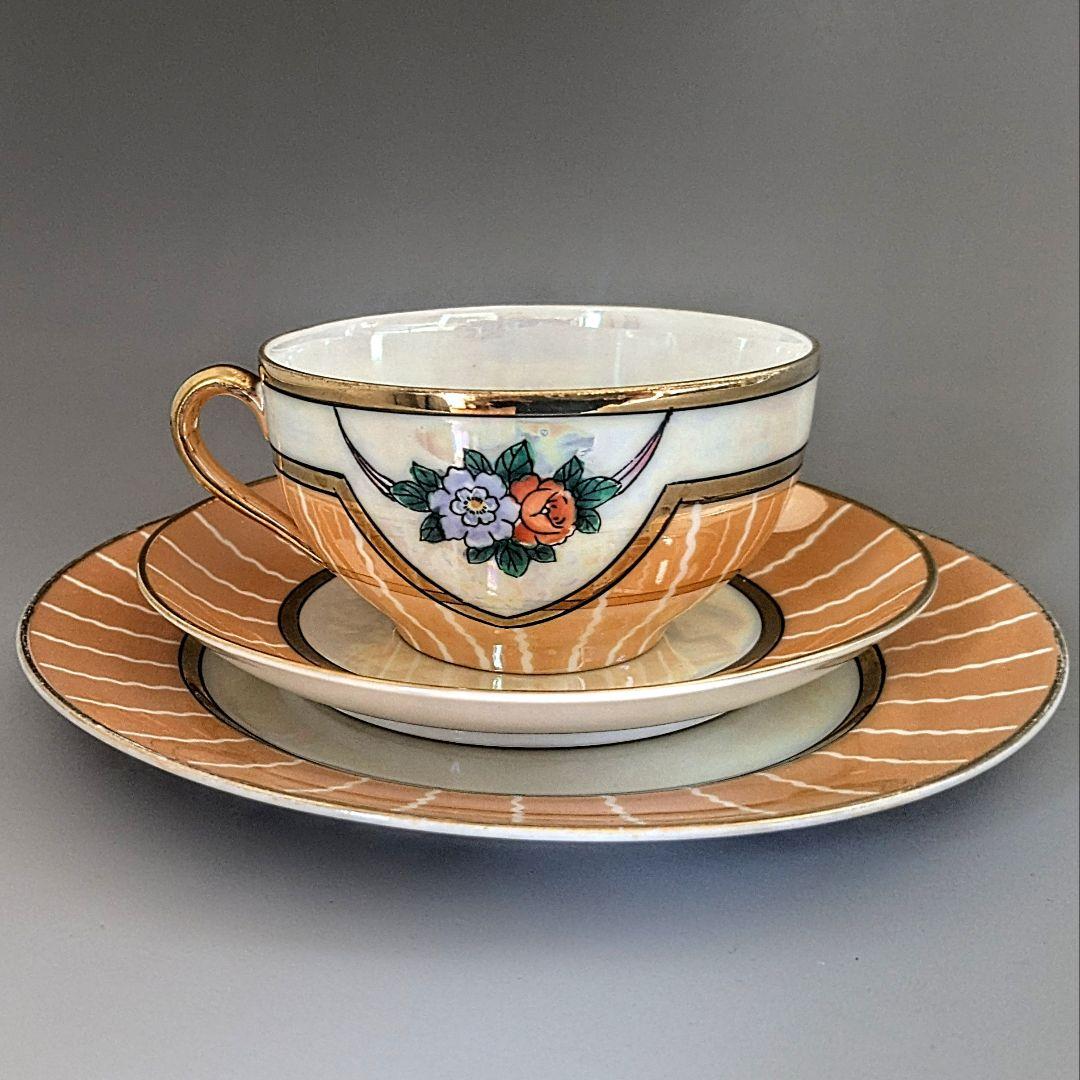 オールドノリタケ アールデコ期大銘品！金彩虹ラスター花籠絵図キャビネット トリオ