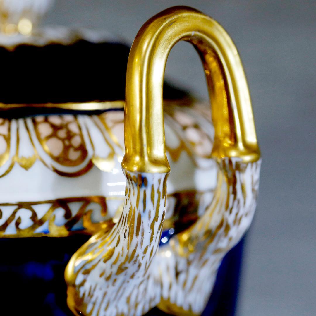 【送料込み】ドレスデン 帆船 壺 蓋付き 飾り壺 コバルト 金彩 ①