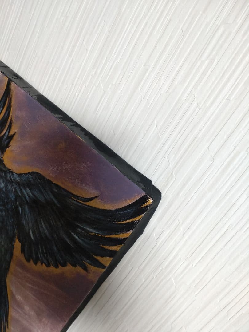 カラスの油絵◆1点物絵画◆アイヌ模様/パワーアート/真作/作者サイン入り