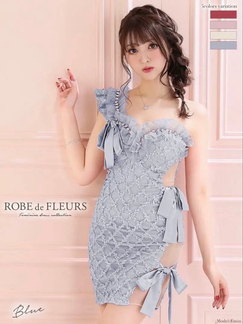 ROBE de FLEURS ブルー M リボンワンショルダータイトドレス
