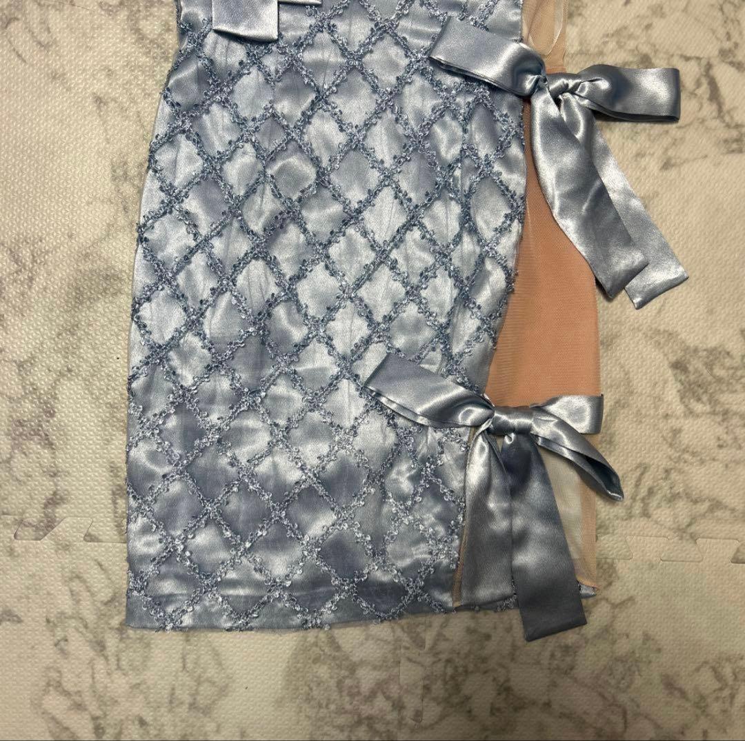 ROBE de FLEURS ブルー M リボンワンショルダータイトドレス